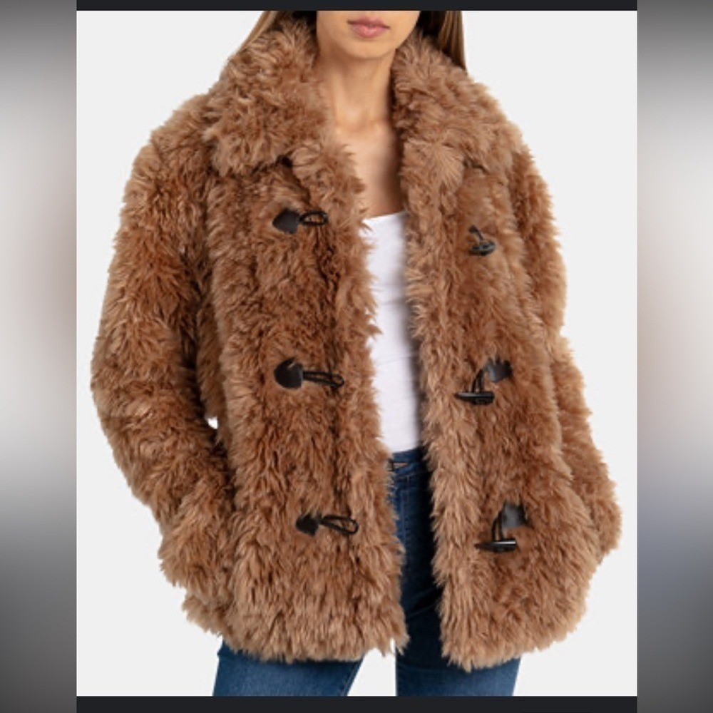 Avec Les Filles Womens Faux Fur Toggle Coat Brown Shaggy Jacket 63912 XS‎